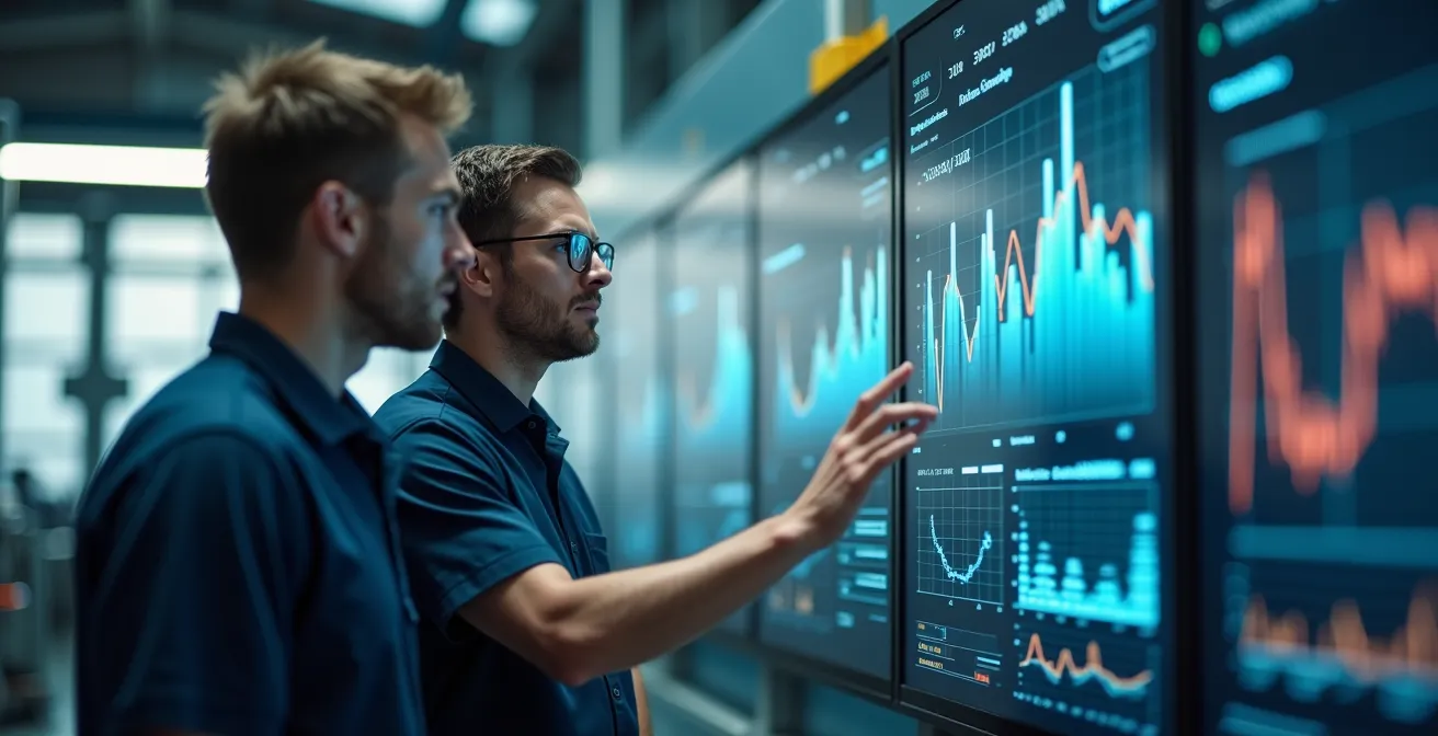 Opérateurs consultants des écrans de performance en temps réel sur le plancher de production