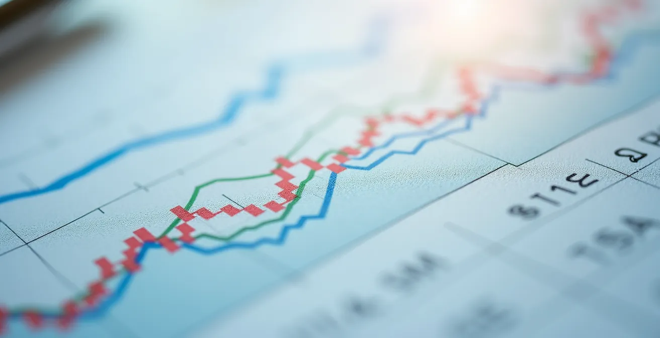 Vue macro d'un graphique financier montrant des courbes de performance sans texte lisible