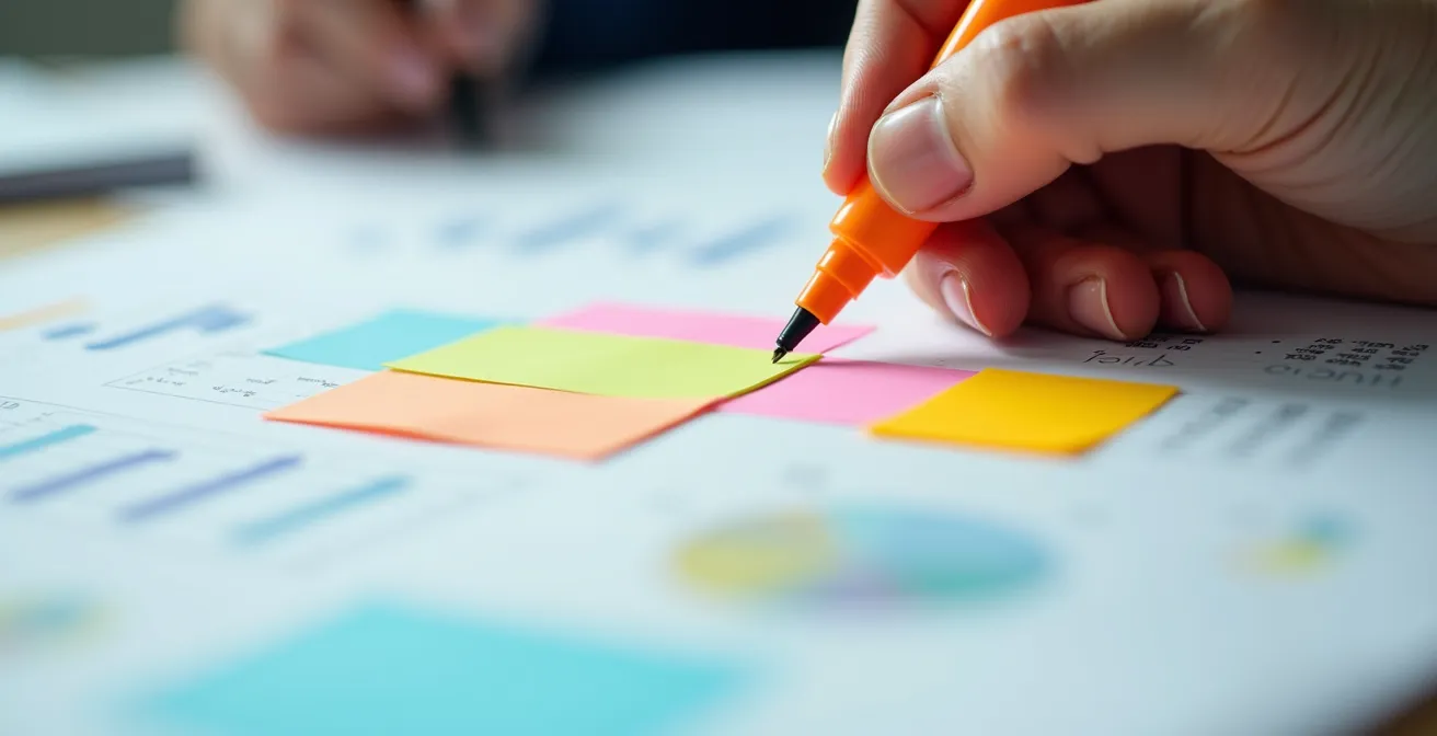 Vue macro de documents contractuels avec surligneur et notes manuscrites dans un environnement de bureau