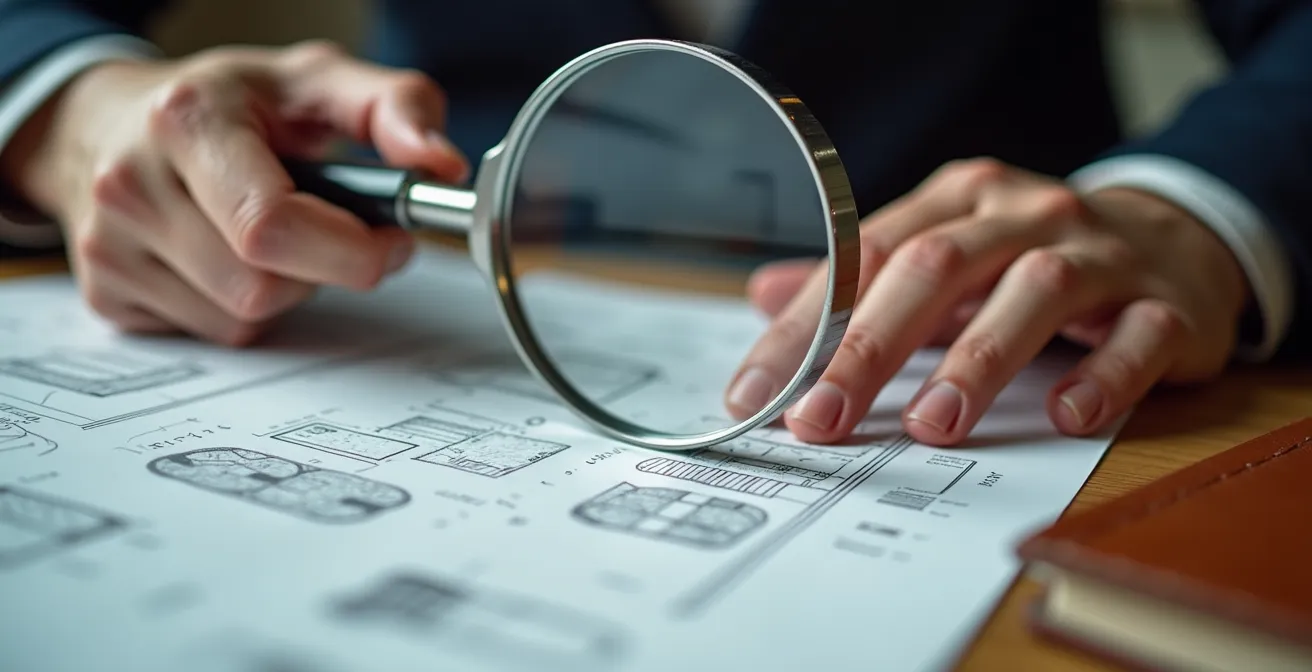 Mains d'entrepreneur examinant des documents techniques avec loupe, symbolisant l'analyse minutieuse de la propriété intellectuelle