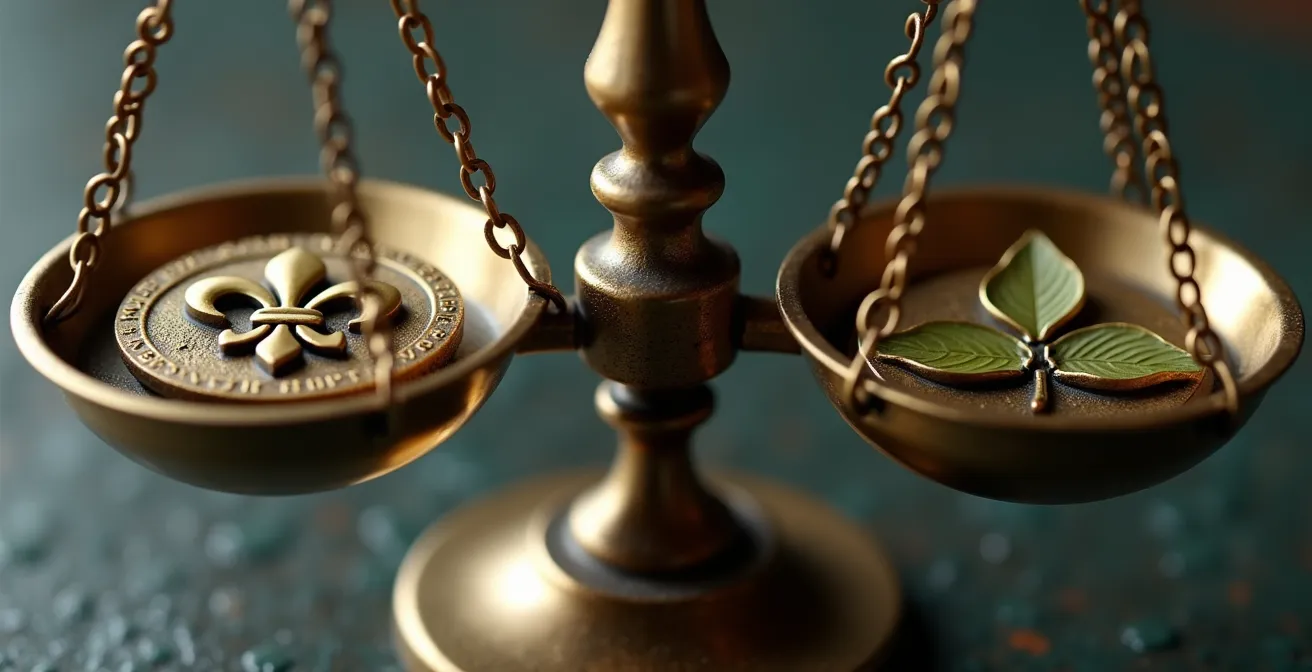 Balance de justice équilibrant les symboles du Québec et de l'Ontario pour illustrer le choix de la juridiction