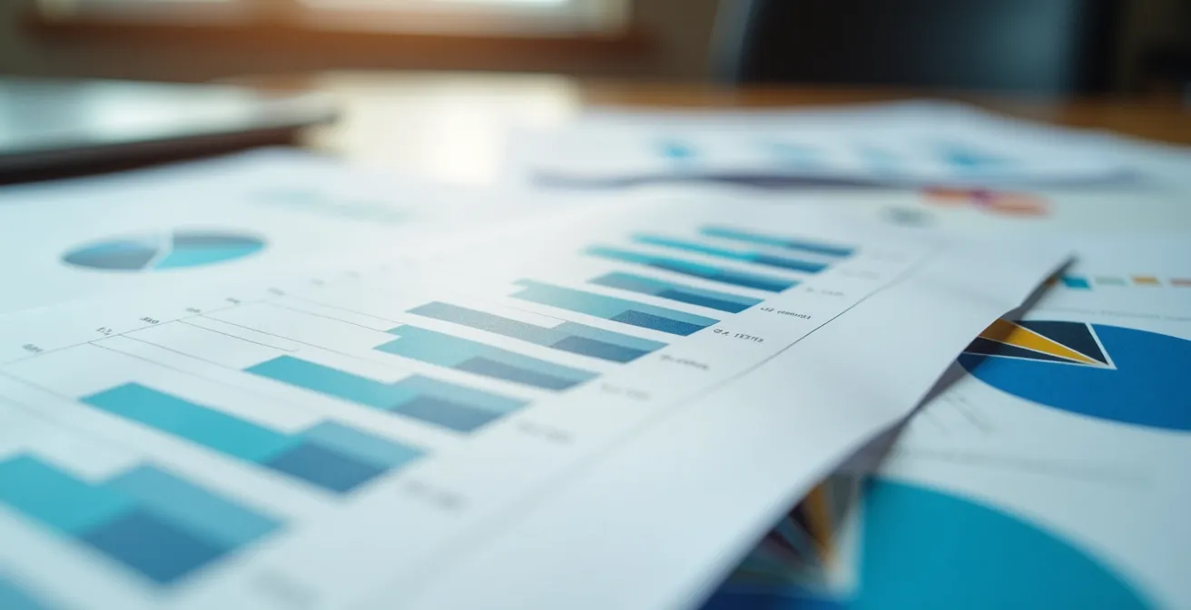 Vue macro de documents d'analyse de fusion avec graphiques de parts de marché, texture de papier visible
