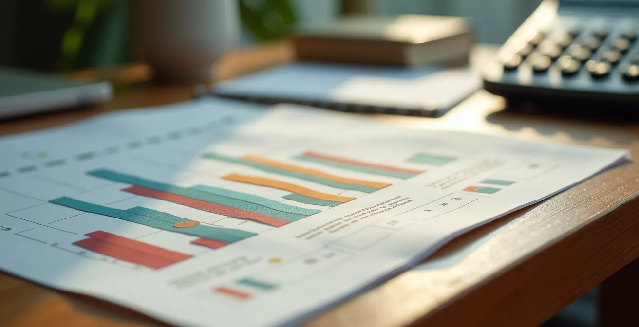 Vue macro détaillée de documents financiers avec calculatrice et environnement de travail hybride
