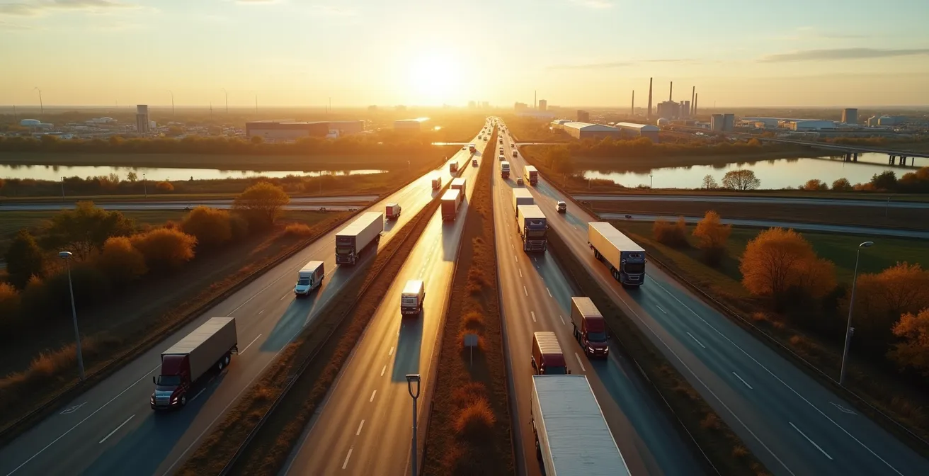 Vue aérienne des corridors de transport entre le Québec et les États-Unis