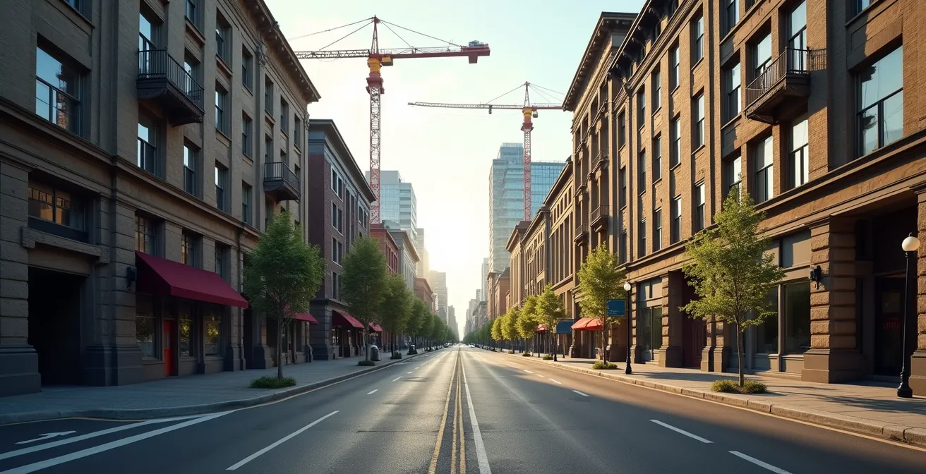 Rue principale d'une ville québécoise en rénovation avec façades historiques et grues de construction