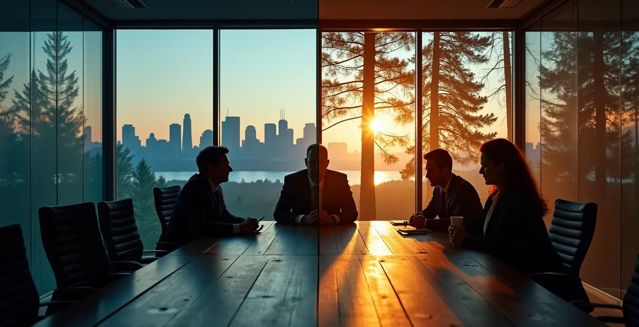Diptyque montrant un espace de réunion urbain moderne versus un chalet au bord d'un lac canadien