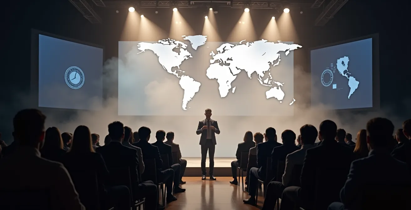 Scène de conférence tech avec un entrepreneur sur scène et symboles de protection intellectuelle flottants