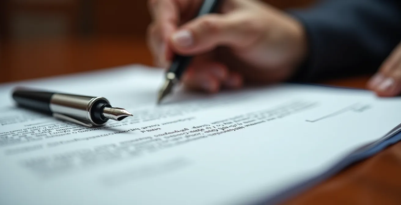 Vue macro d'une table de conseil d'administration avec documents de gouvernance et stylos de signature