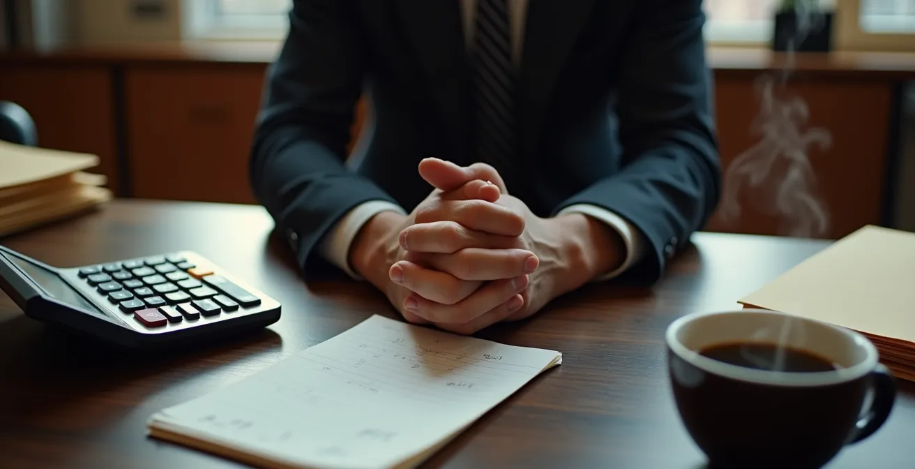 Vue en plongée d'un bureau avec calculatrice et documents fermés, mains jointes en réflexion