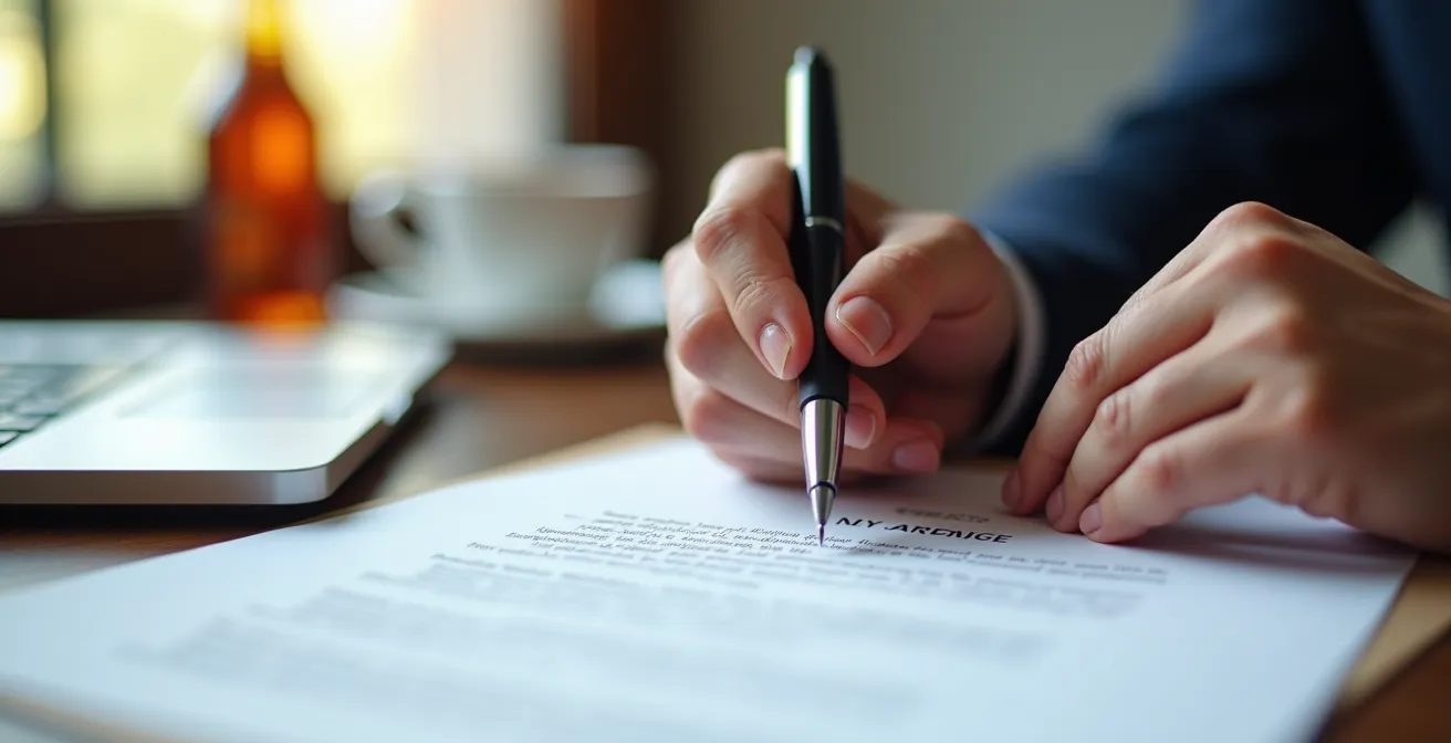 Gros plan sur des mains signant un contrat avec un ordinateur portable fermé en arrière-plan