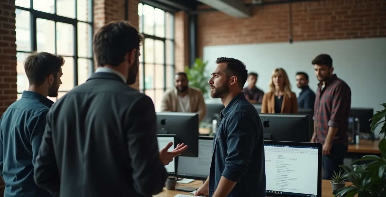 Groupe de collègues en cercle fermé excluant visuellement d'autres employés en arrière-plan