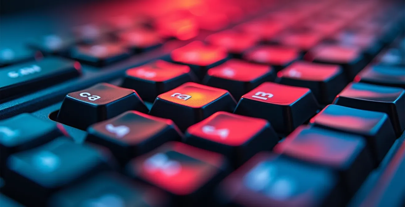 Vue macro de touches de clavier avec reflets colorés suggérant différentes extensions de domaine