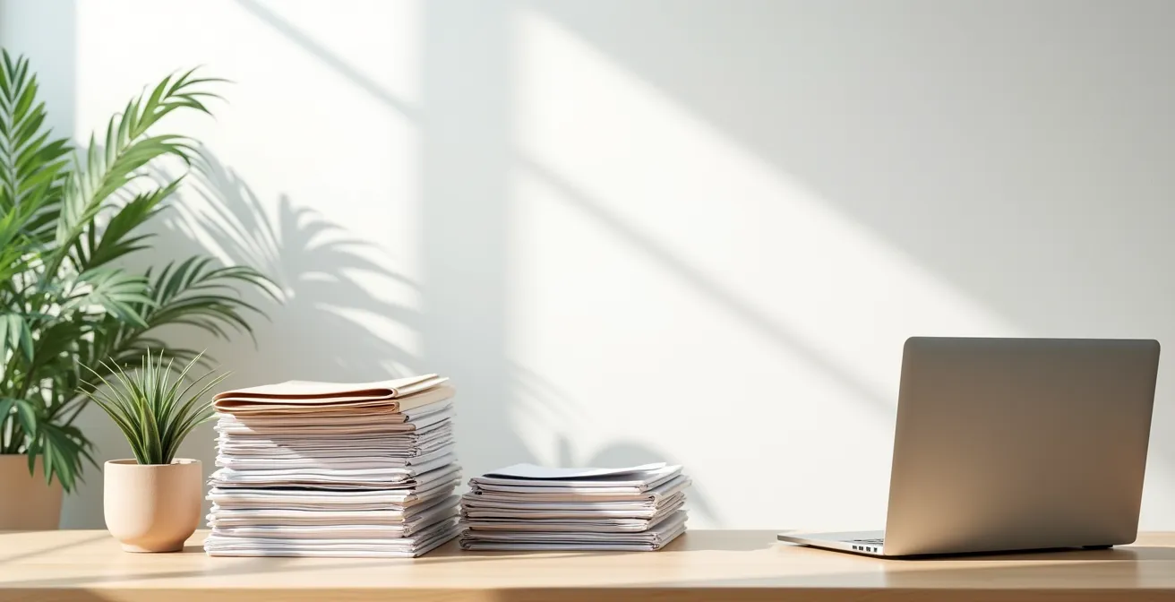 Espace de travail minimaliste avec documents organisés et ordinateur portable fermé montrant l'organisation d'une data room
