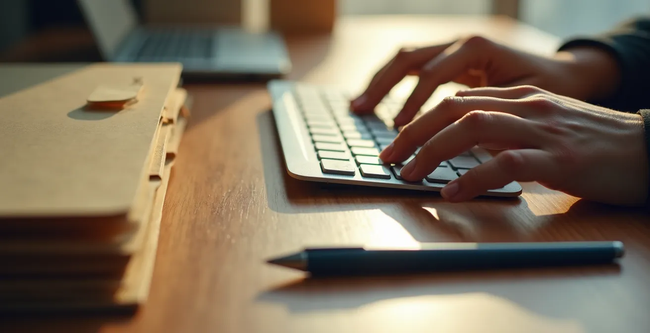 Mains sur clavier remplissant une déclaration en ligne avec documents administratifs sur bureau