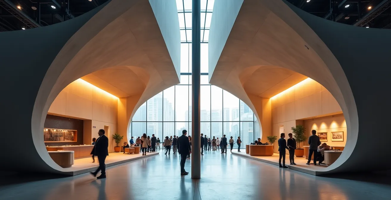 Comparaison visuelle entre un kiosque ouvert moderne et un stand traditionnel fermé dans un salon