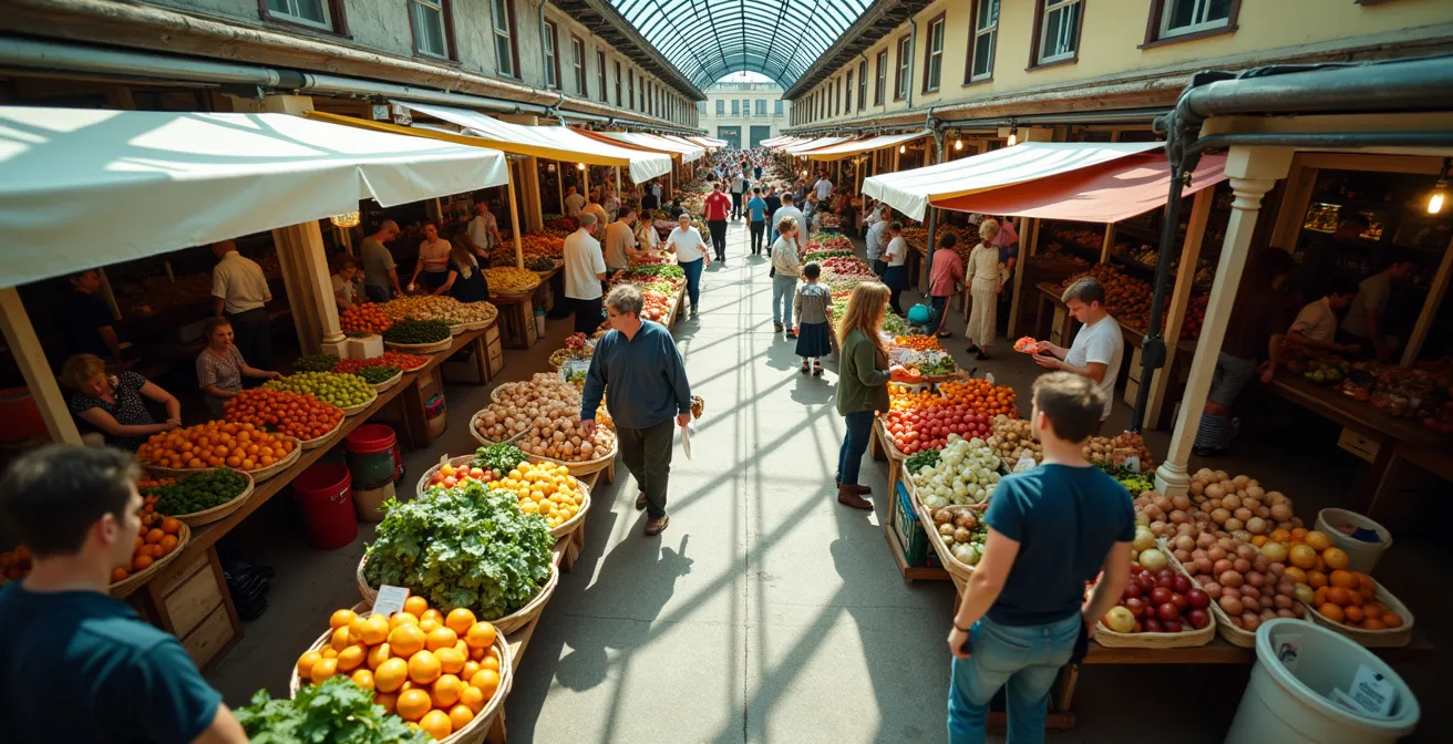 Vue aérienne d'un marché public québécois animé avec producteurs locaux et artisans, symbole de l'économie locale collaborative