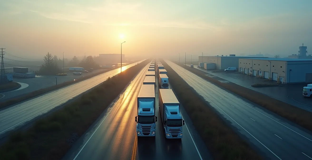 Vue aérienne d'un centre de distribution près de la frontière canado-américaine avec camions en attente