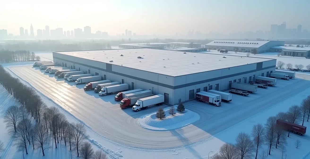 Vue aérienne d'un centre de distribution moderne entouré de neige avec camions en chargement