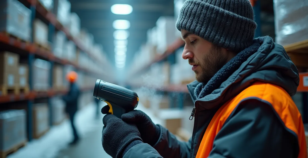 Employé d'entrepôt utilisant un scanner de codes-barres dans un environnement froid