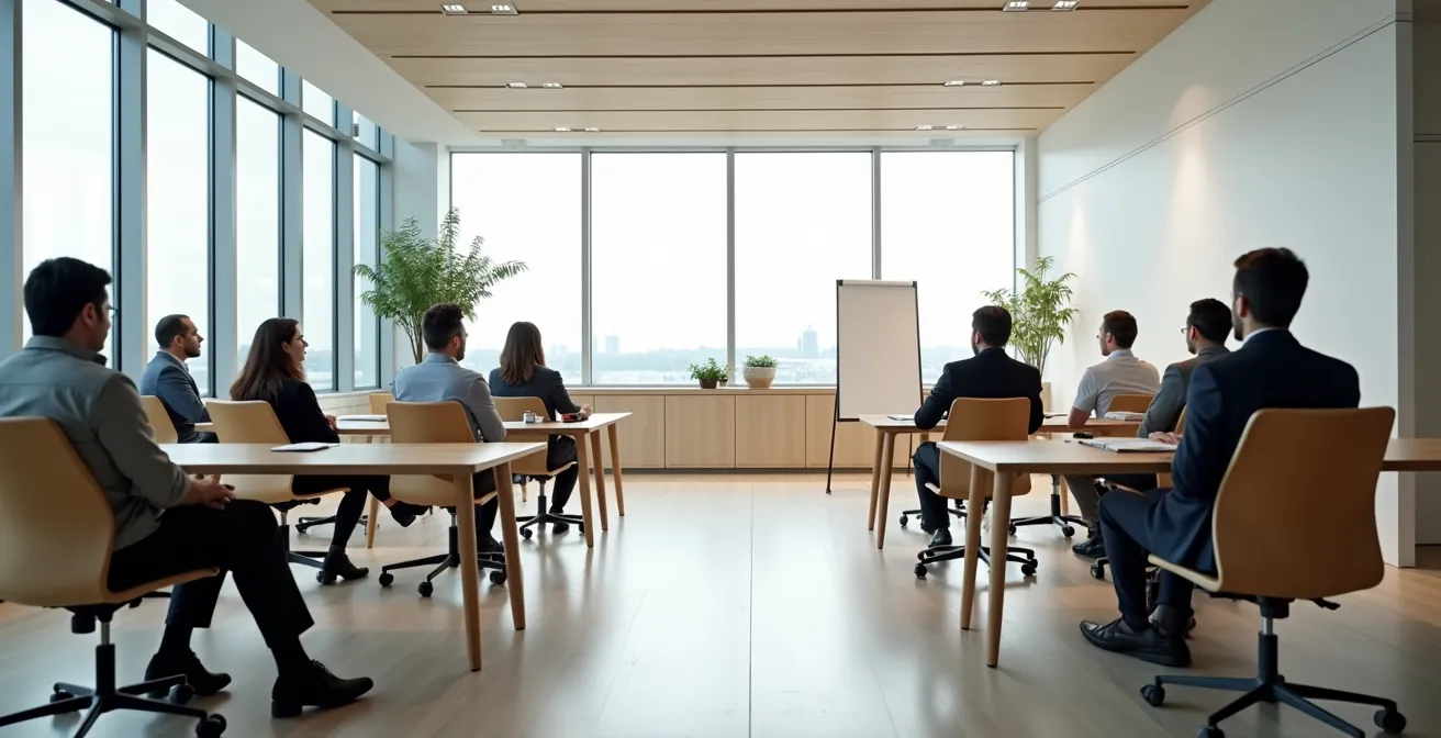 Vue large d'un espace de formation moderne avec des professionnels en apprentissage collaboratif