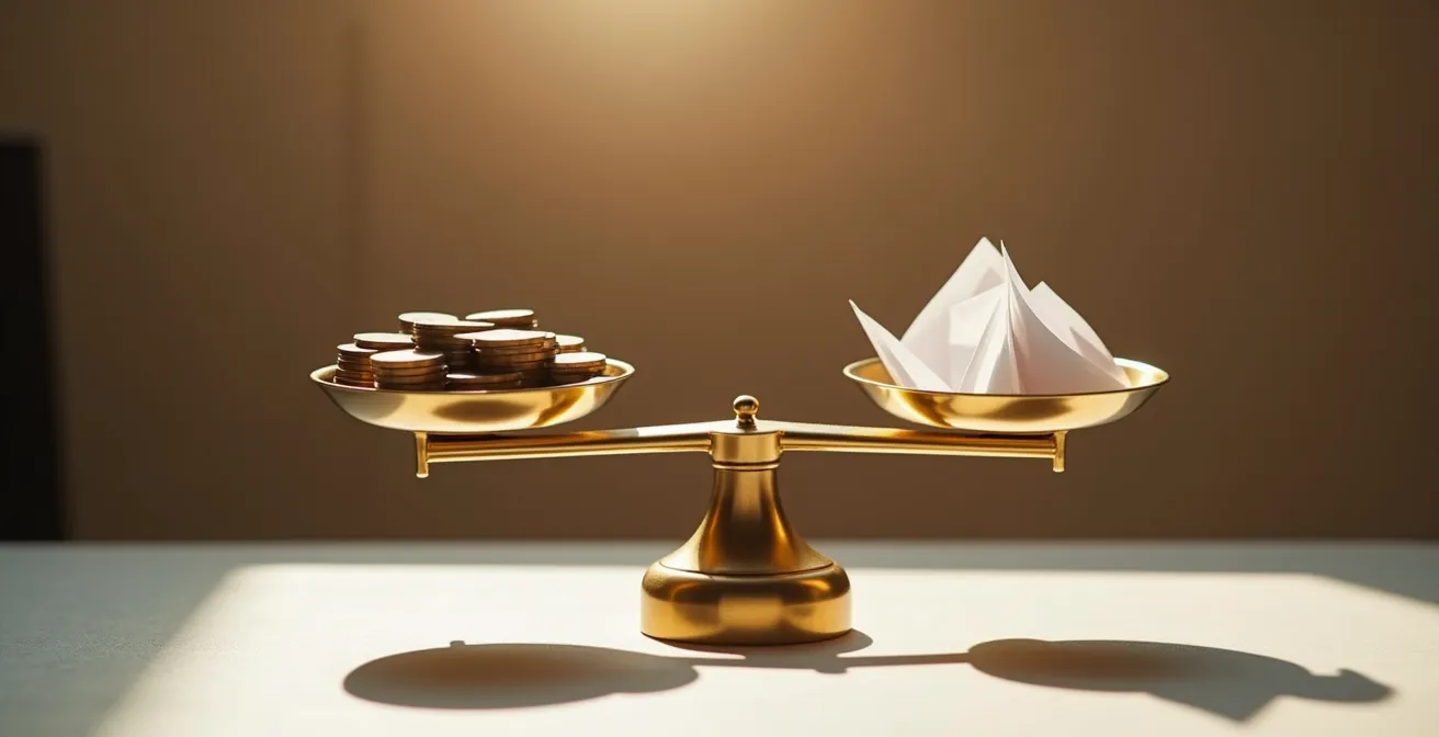 Balance métaphorique représentant l'équilibre entre salaire et dividendes dans un environnement d'affaires épuré