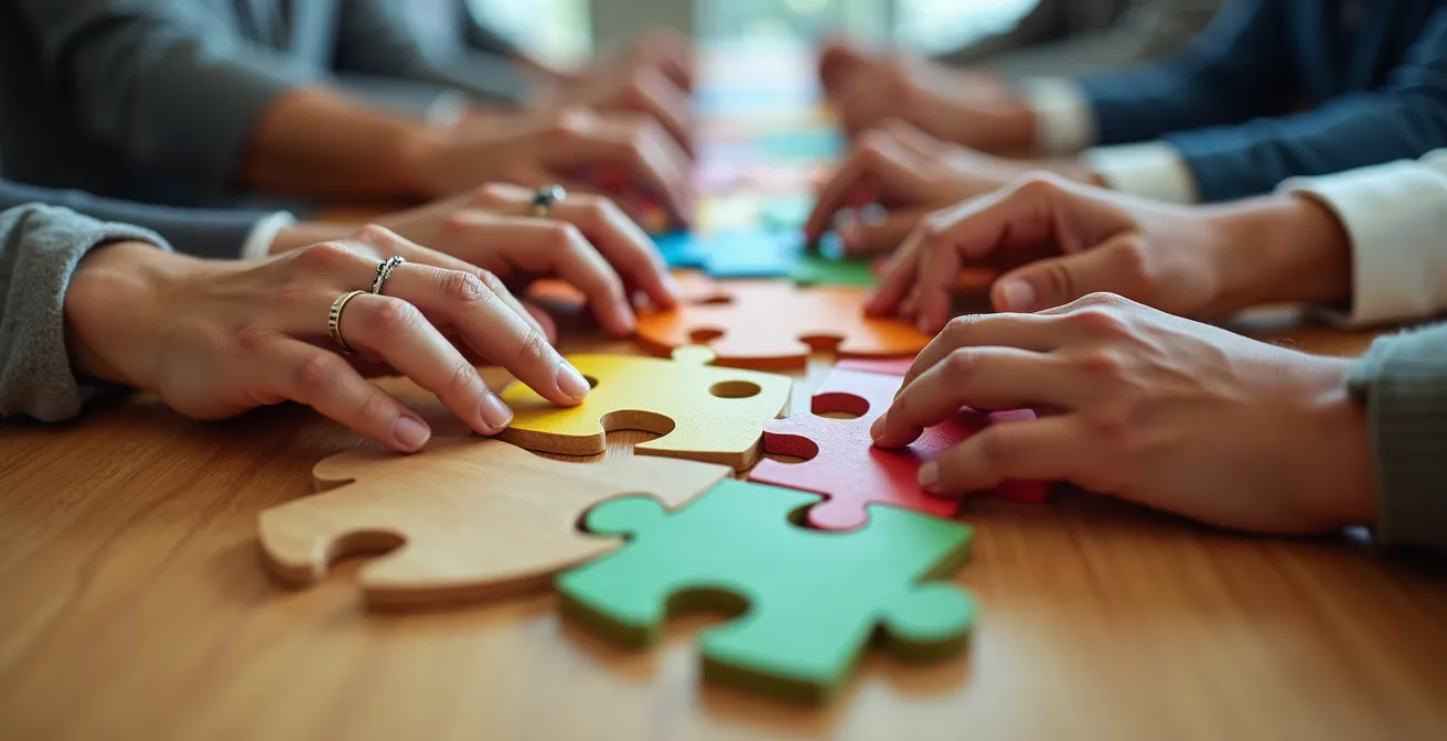 Vue macro de mains diverses posant des pièces de puzzle colorées sur une table, symbolisant la collaboration interculturelle