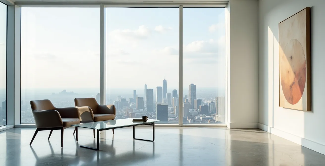 Espace de mentorat épuré avec vue panoramique sur le centre-ville de Montréal
