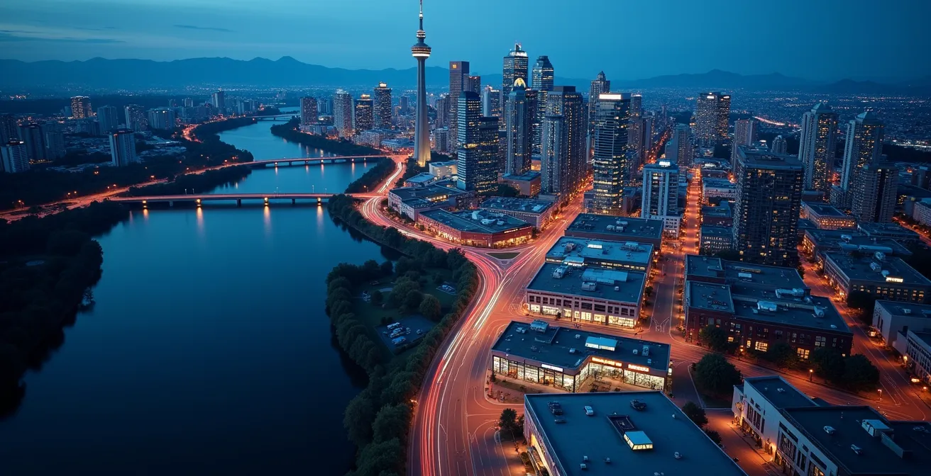 Vue aérienne d'une ville canadienne avec zones de franchise délimitées