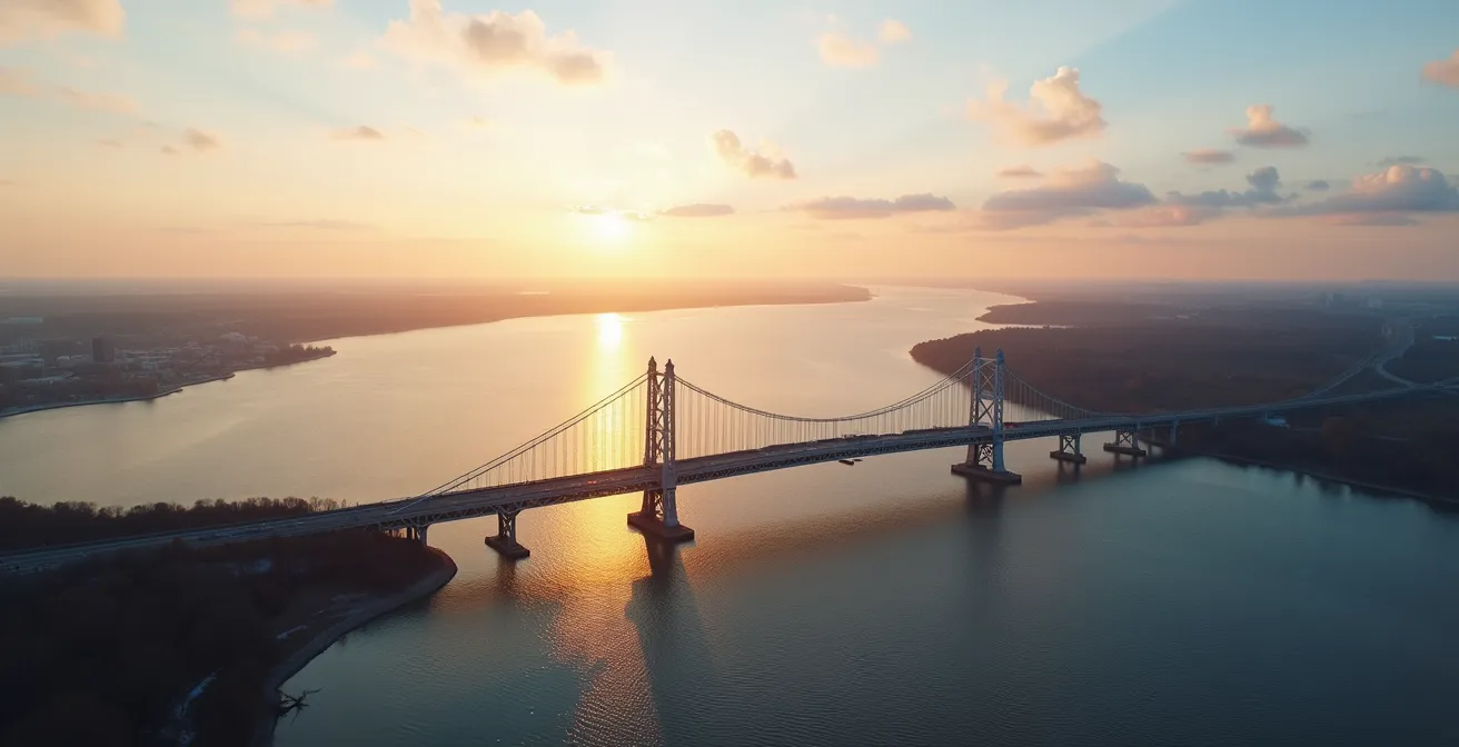 Vue aérienne minimaliste d'un pont reliant deux provinces avec espace négatif dominant