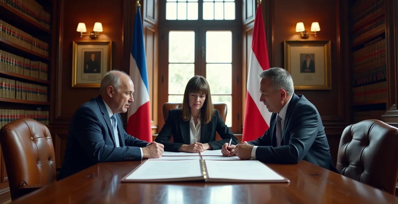 Famille consultant des documents juridiques dans un bureau de notaire québécois