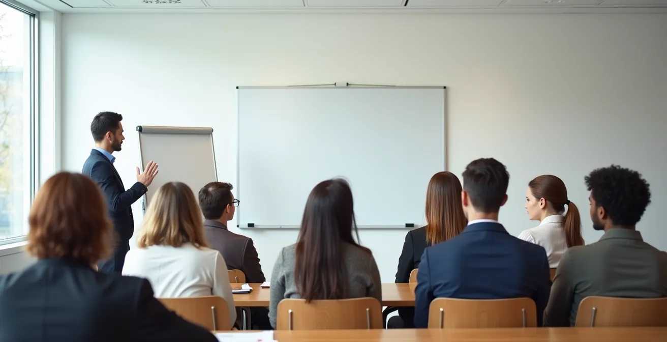 Atelier de formation interculturelle avec employés et formateur dans une salle de conférence