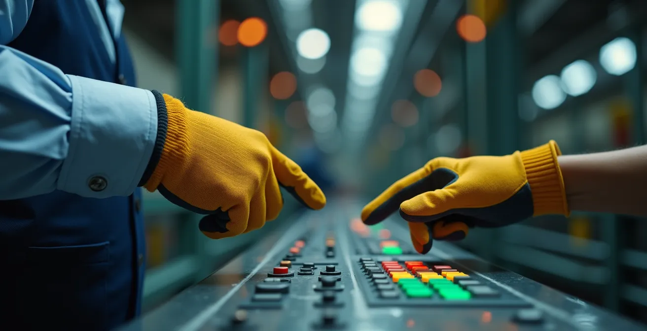 Gros plan sur les mains d'un manager et d'un opérateur pointant ensemble vers un tableau de bord de production dans une usine canadienne