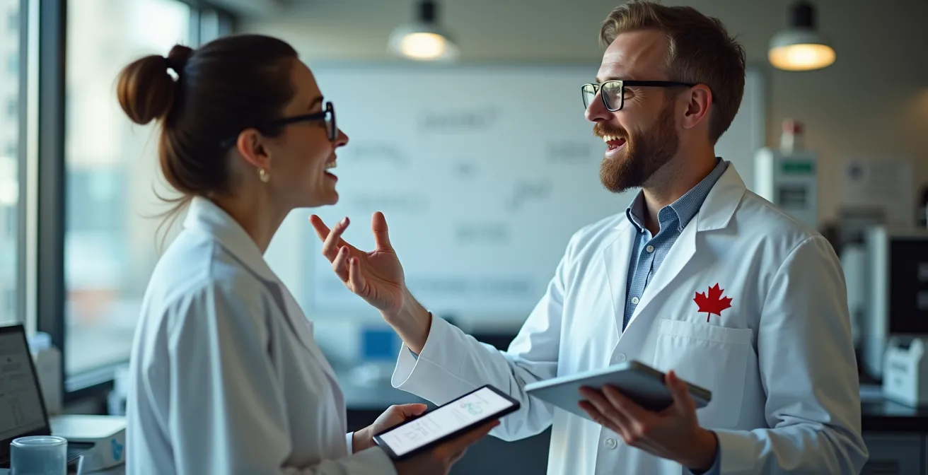 Chercheurs universitaires en discussion dans un laboratoire moderne canadien