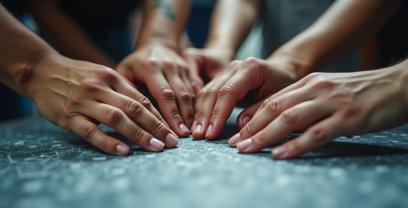 Détail macro de mains diverses travaillant ensemble sur une surface collaborative