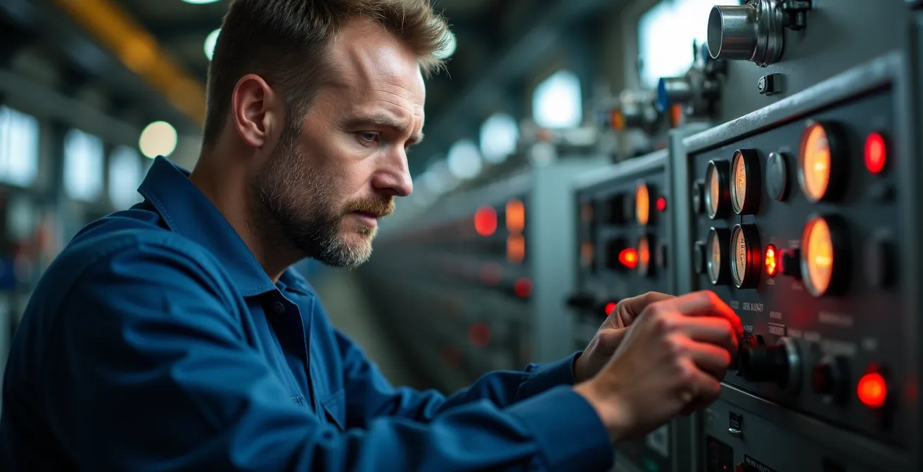 Technicien surveillant des données de maintenance prédictive sur tableau de bord industriel
