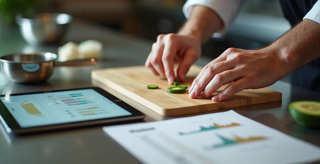 Mains expertes documentant des procédures culinaires avec tablette numérique