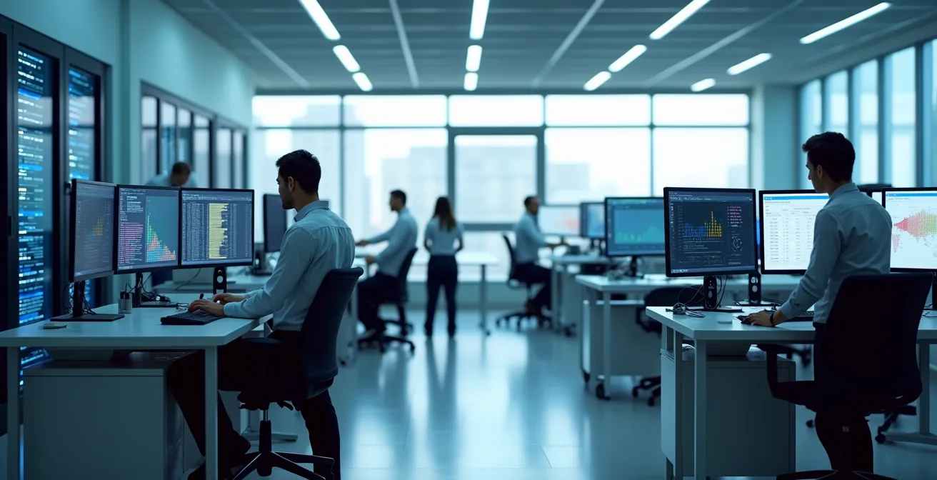 Salle informatique moderne montrant des écrans avec des données de migration ERP en cours de test parallèle