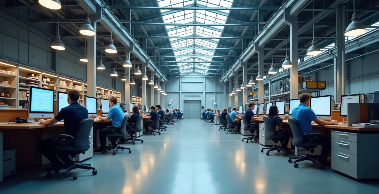 Espace de travail pilote moderne dans une PME manufacturière québécoise montrant l'intégration progressive de technologies