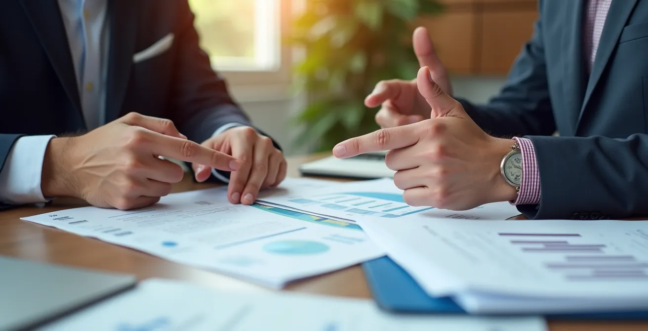 Réunion professionnelle entre entrepreneur et banquier autour de projections financières