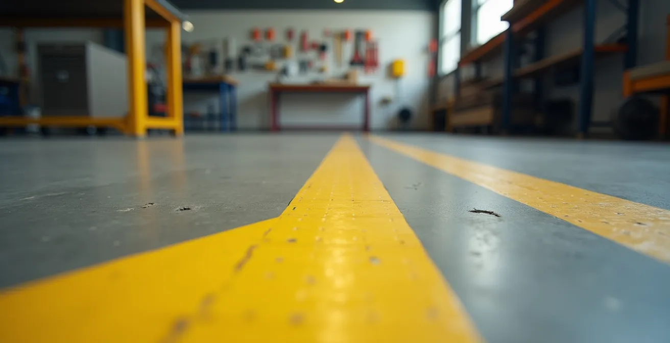 Poste de travail industriel organisé selon la méthode 5S avec marquage au sol et rangement optimisé