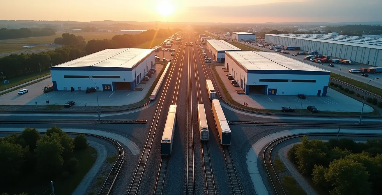 Vue aérienne d'un parc industriel québécois avec accès ferroviaire et routier stratégique près de la frontière américaine