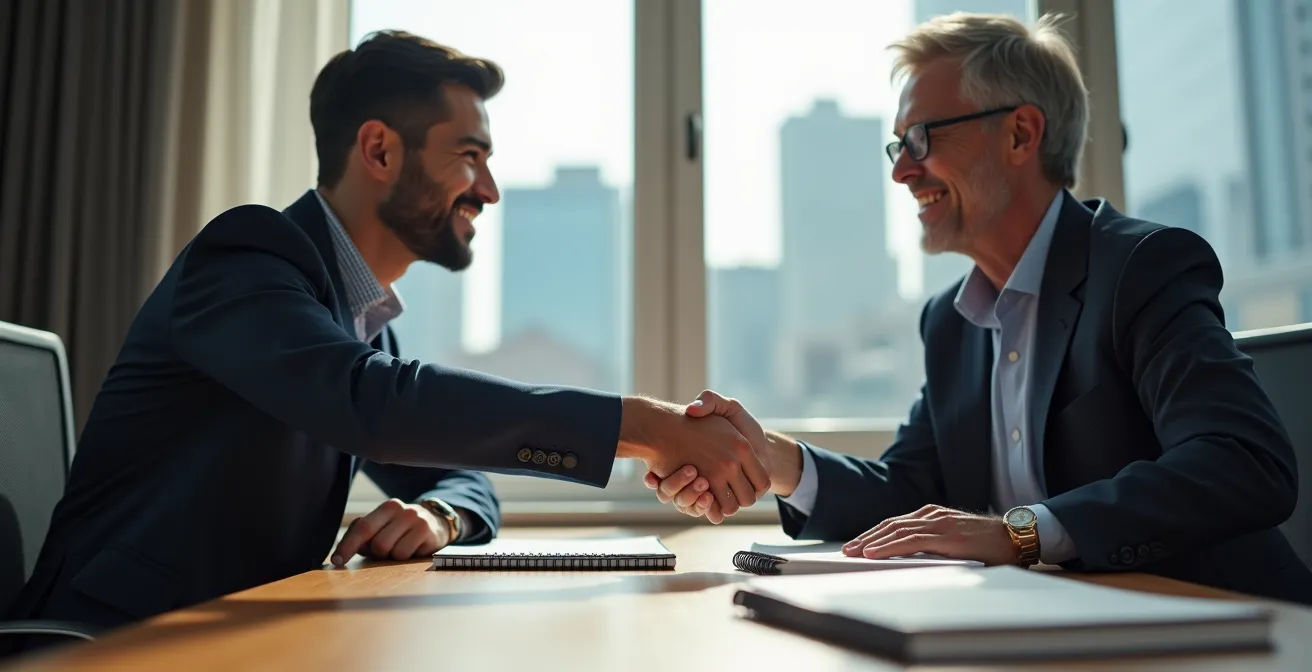 Poignée de main entre un entrepreneur et un conseiller senior dans un bureau