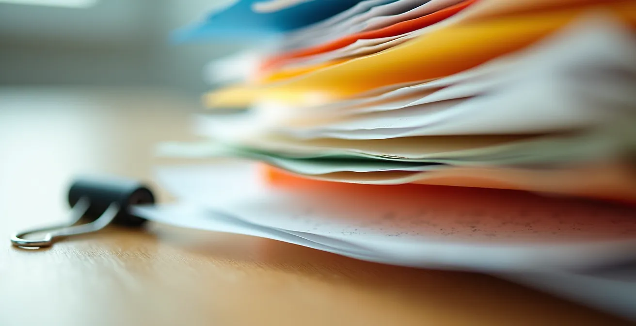 Vue macro d'une surface de bureau organisée avec des éléments représentant le processus de tri et d'organisation des données