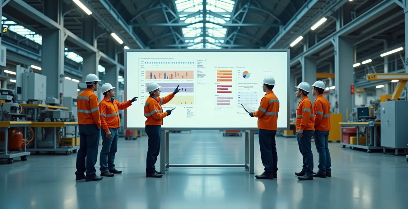 Vue large d'un atelier de production canadien avec un tableau d'affichage public montrant différents statuts de projets d'amélioration