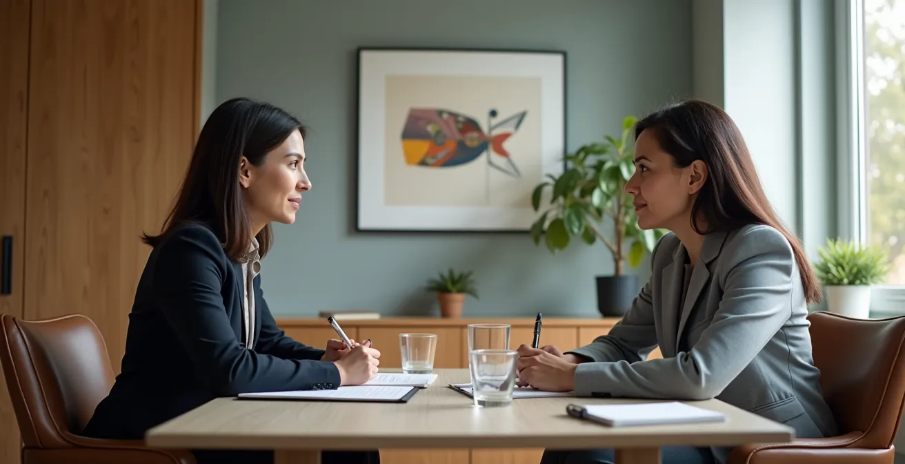 Manager et employé en discussion intime dans un bureau avec éléments canadiens subtils