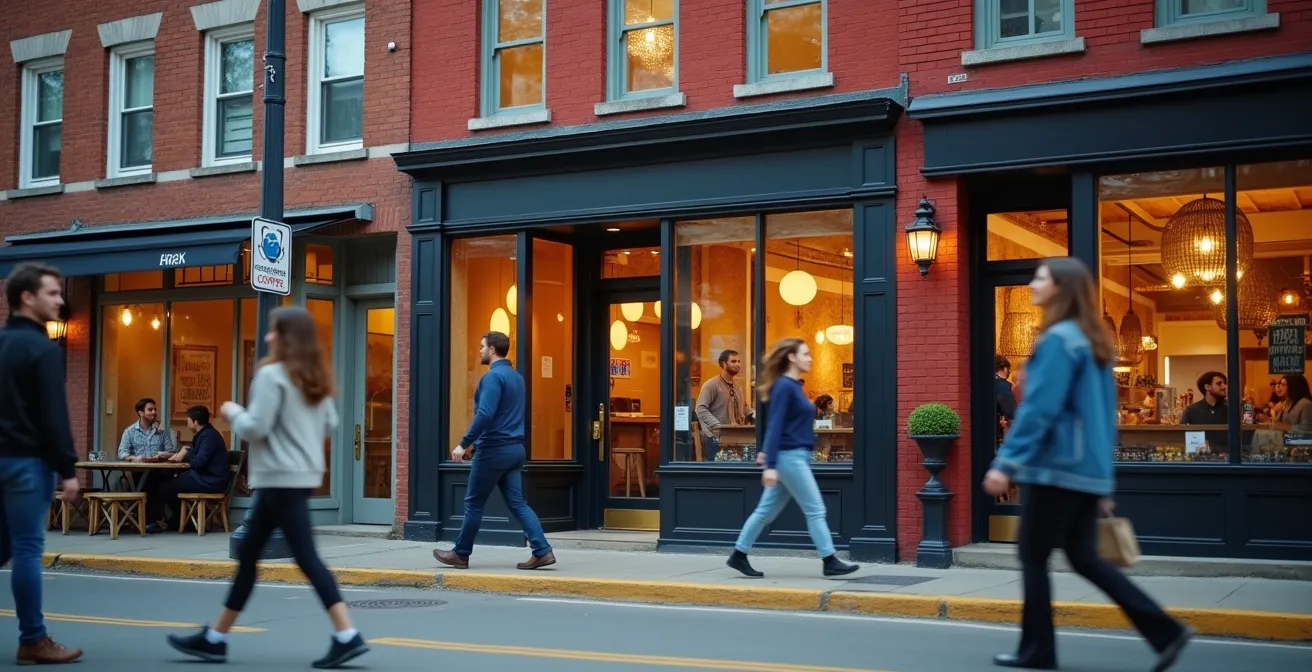 Scène de rue animée dans une petite ville québécoise montrant l'émergence de nouveaux commerces artisanaux et espaces de coworking