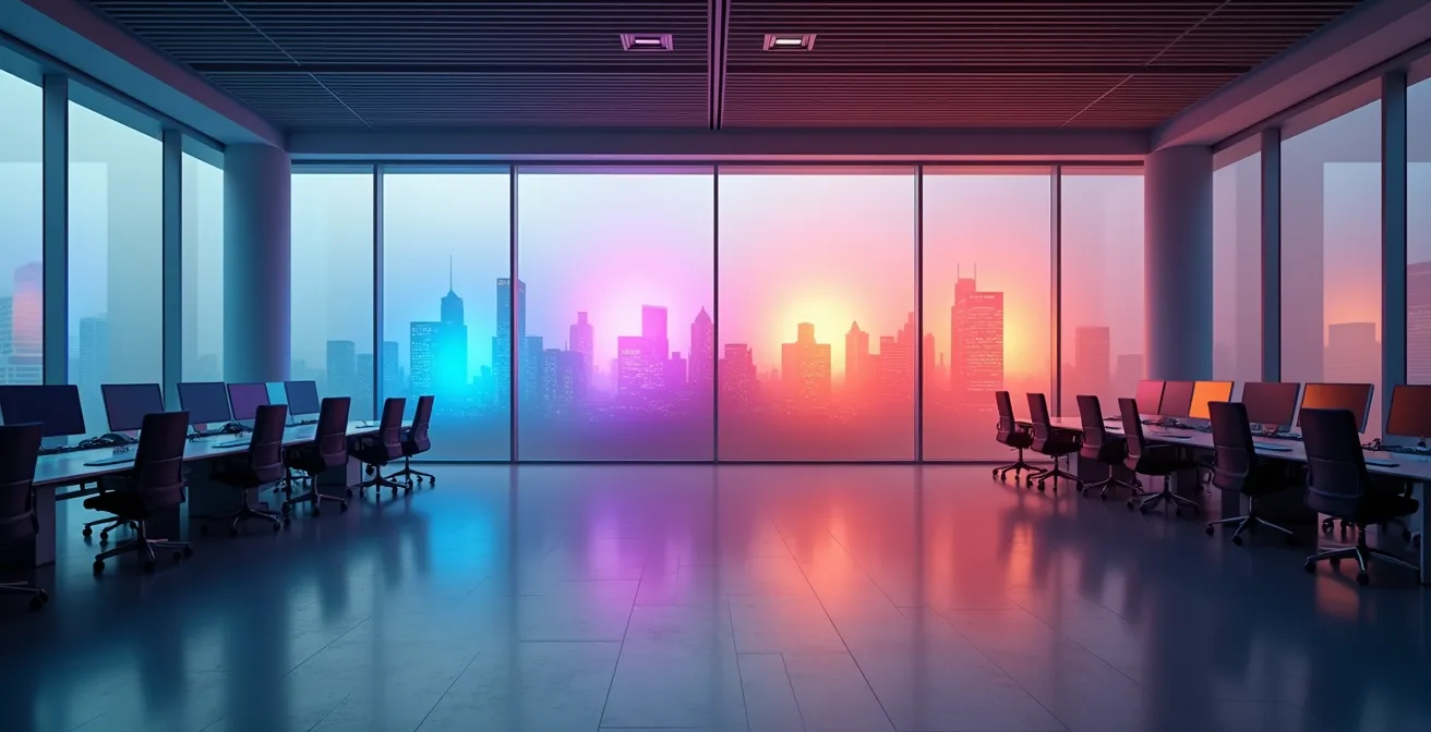 Salle de contrôle d'entreprise avec tableaux de bord montrant des indicateurs de marché abstraits