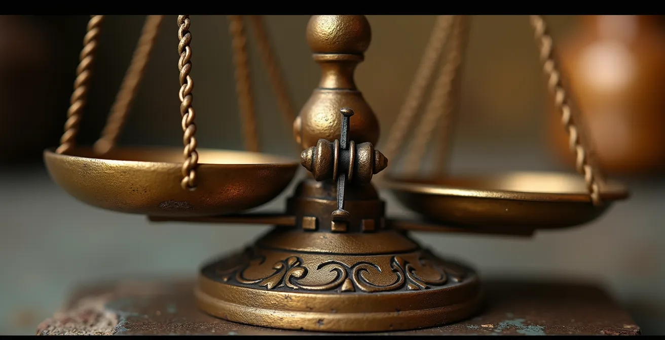 Détail macro d'une balance ancienne en équilibre symbolisant le choix entre achat d'actifs et achat d'actions