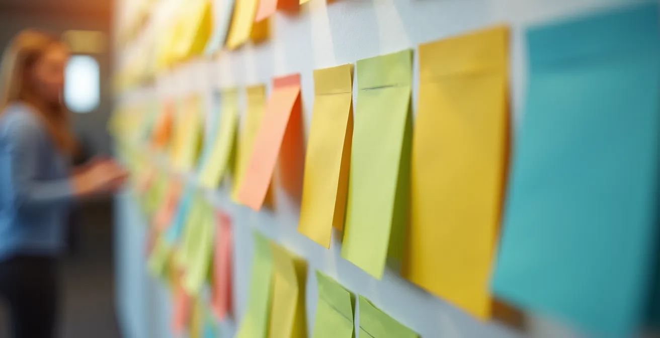 Vue macro d'un tableau kanban physique avec post-its colorés organisés en colonnes