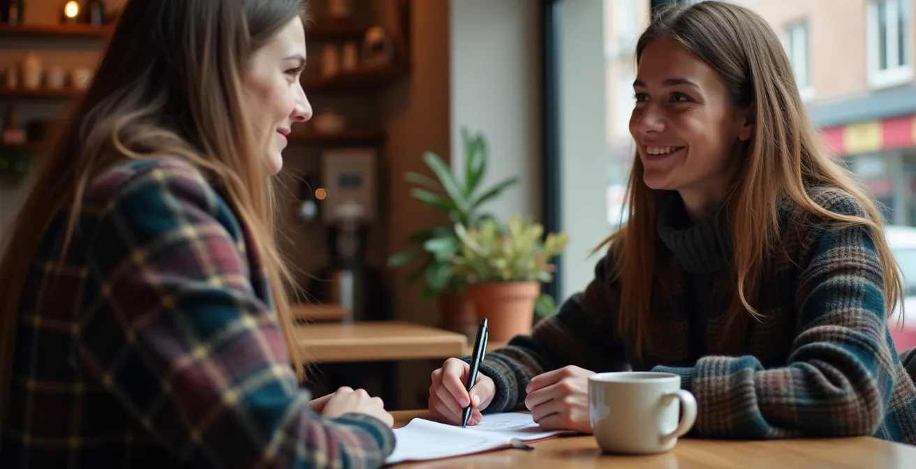 Entrepreneur interviewant un client potentiel dans un café canadien